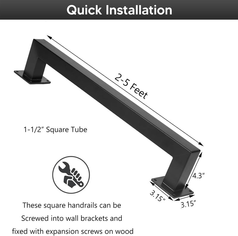 Senmit 4 Feet Square Tube Handrail, Wall Mount Industrial Modern Staircase Handrail for Indoor Outdoor Steps, 600lbs Load Capacity, Metal Non-Slip Grab Handle for Stairs Loft Porch, Matte Black - Image 2